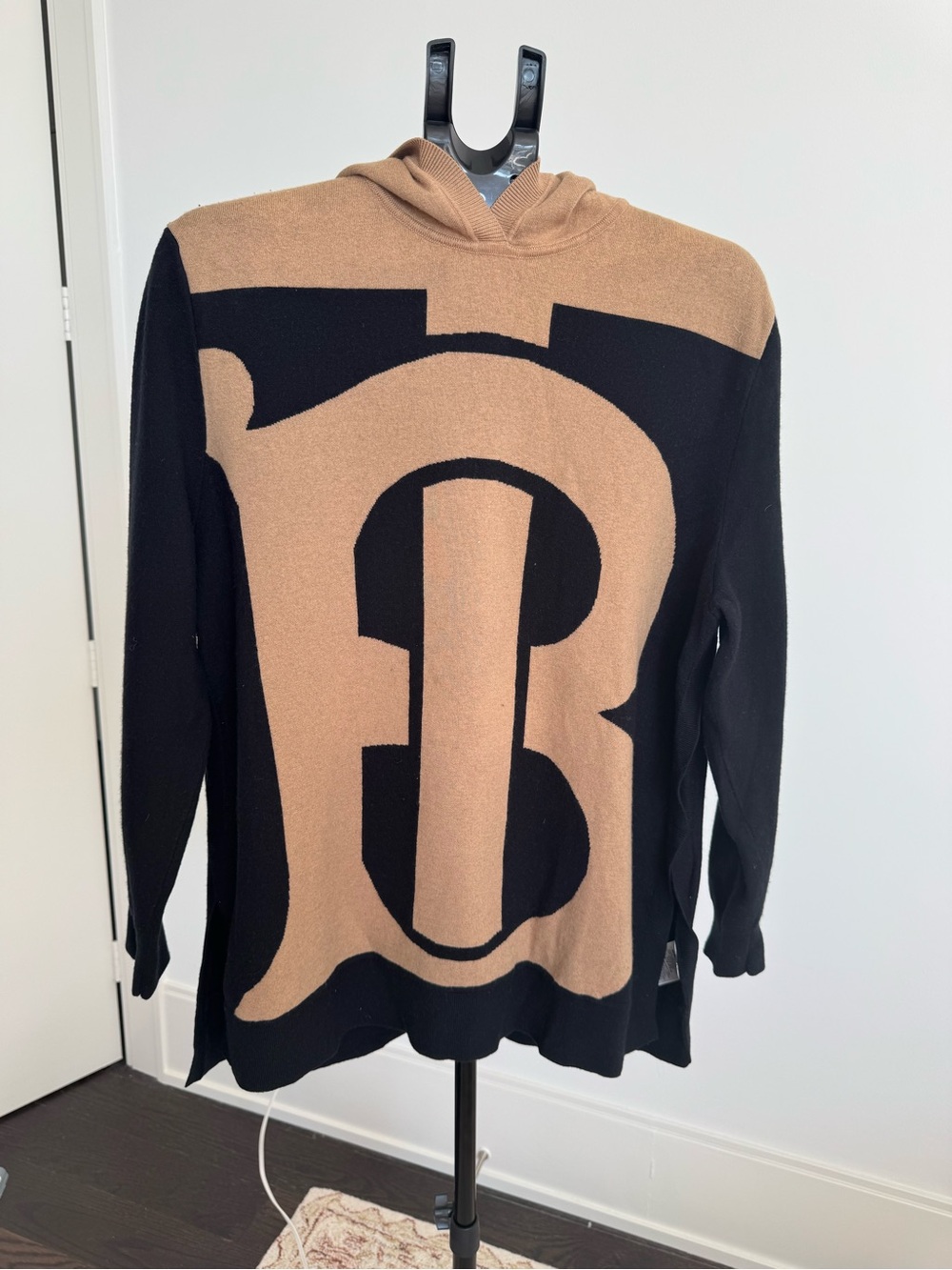 Burberry Black and Camel Cashmere Hoodie Sweater with Large Logo